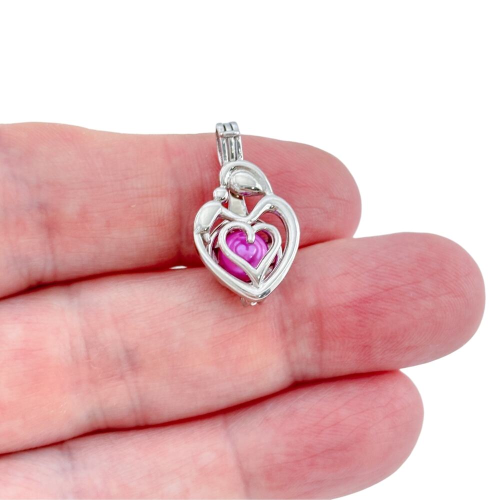 Vintage Sterling Silver 925 Mother and Child Heart Pink Pearl Cage Pendant